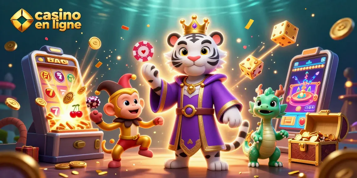 Jouez au casino en ligne avec un tigre majestueux et un singe joueur entourés d'éléments de jeu.