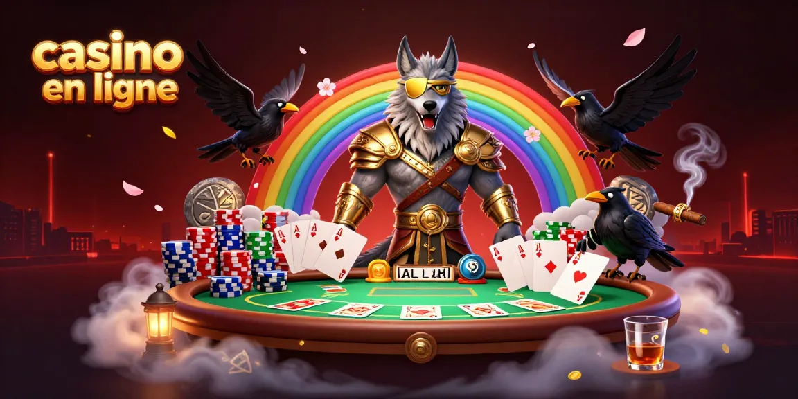 Il s'agit d'une illustration 3D dynamique d'un loup inspiré de la mythologie nordique représentant le casino en ligne avec des éléments de poker.