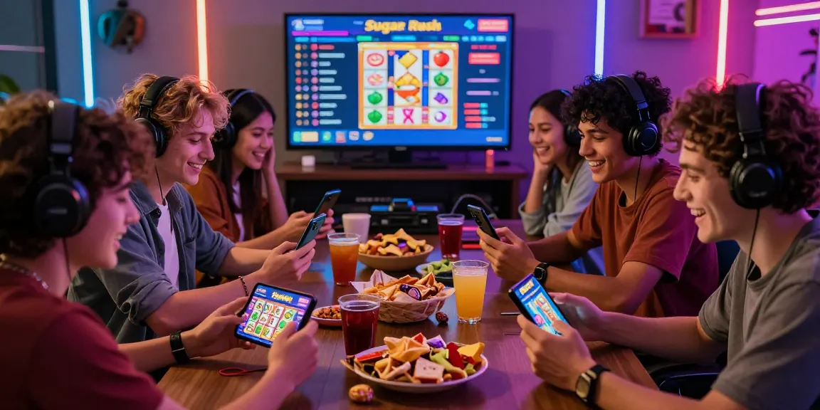 Sugar Rush online gaming scene with friends enjoying colorful slot games and snacks