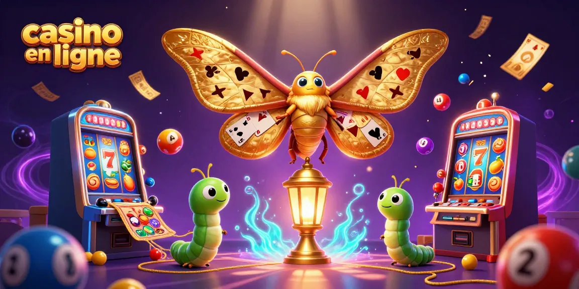 Découvrez une illustration dynamique de casino en ligne avec une chenille de soie et un papillon majestueux.