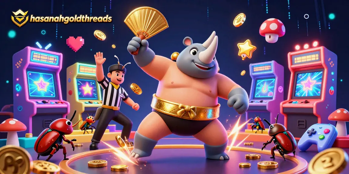 hasanahgoldthreads menawarkan ilustrasi dinamis bug badak juara sumo dihadapkan mesin permainan 3D