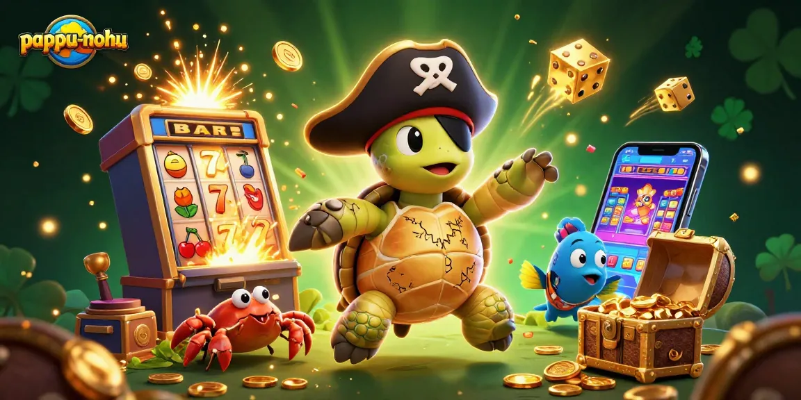 Pappu-nohu welcomes players with an exciting 3D scene featuring a pirate turtle and treasures amidst slots and jackpots.