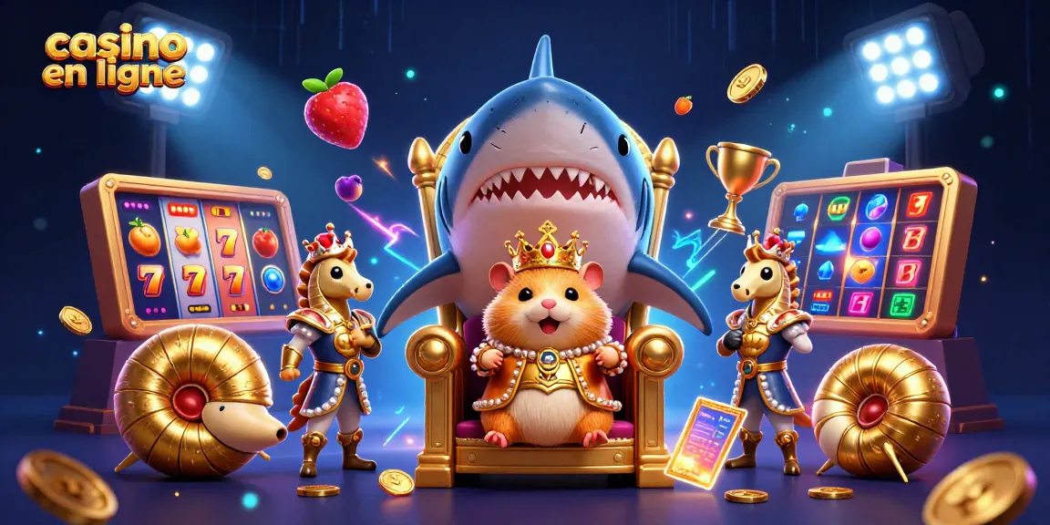 Gagnez au casino en ligne avec un roi hamster sur son trône, entouré d'éléments de jeu.
