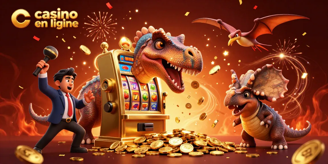 Illustration dynamique de casino en ligne avec un pachycephalosaurus et un slot jackpot, attirant l'attention des joueurs.