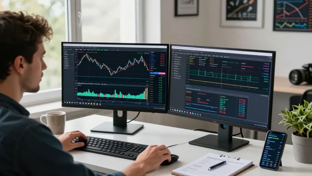 Trader using mt4 platform with charts and Expert Advisors in modern home office