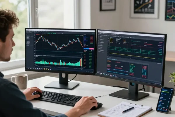 Trader using mt4 platform with charts and Expert Advisors in modern home office