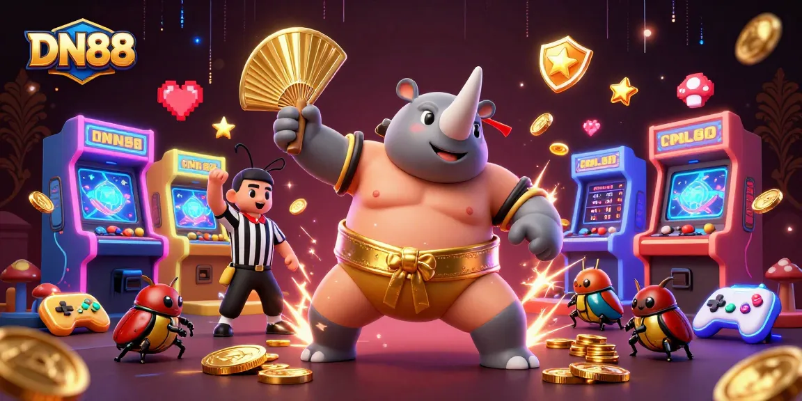 Experience exhilarating gaming with DN88 as cartoon beetles celebrate big wins in a vibrant casino.