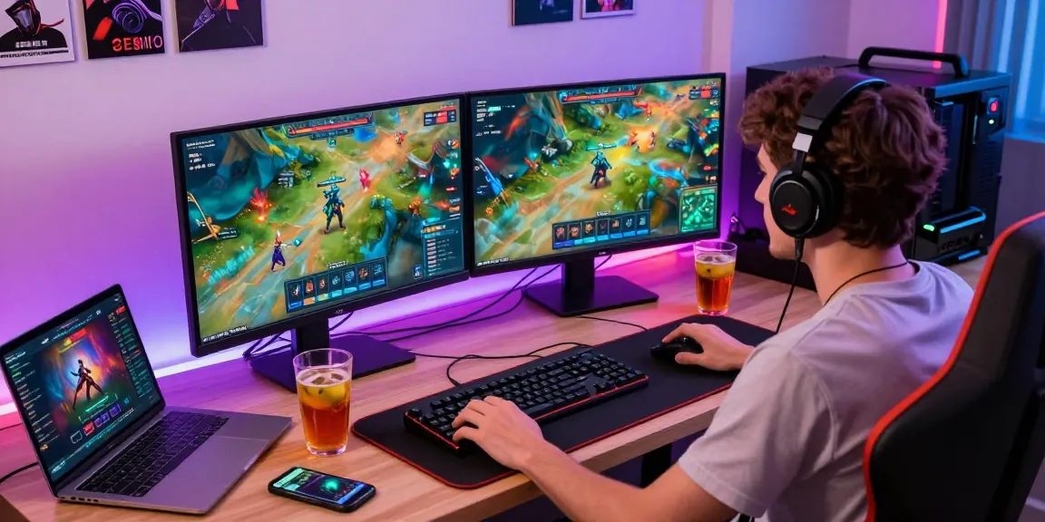 Engaged user gaming on mantra88 platform with dynamic dual monitors and vibrant setup.