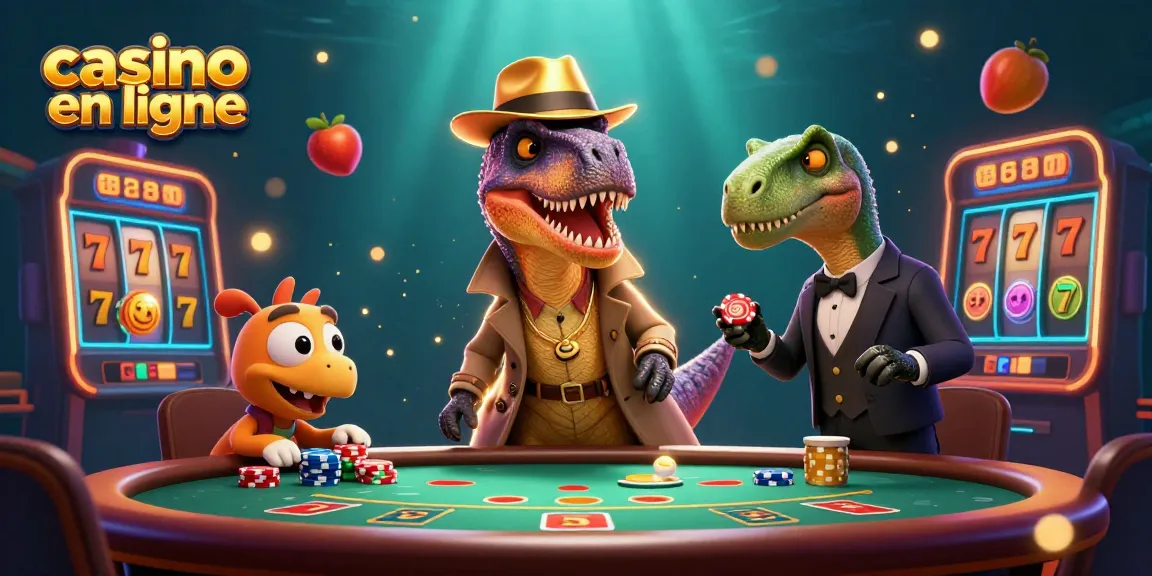Illustration dynamique d'un casino en ligne avec un velociraptor en train de compter les cartes au blackjack.