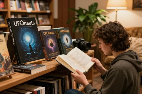 Explore T Allen Greenfield's 'UFOnauts' at https://tallengreenfield.com in a cozy bookshop setting.