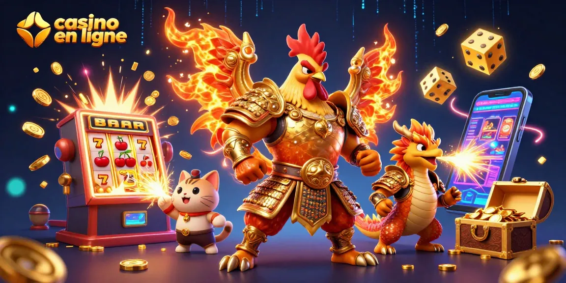 Illustration dynamique de casino en ligne avec un coq guerrier, un dragon et des éléments de jeu.