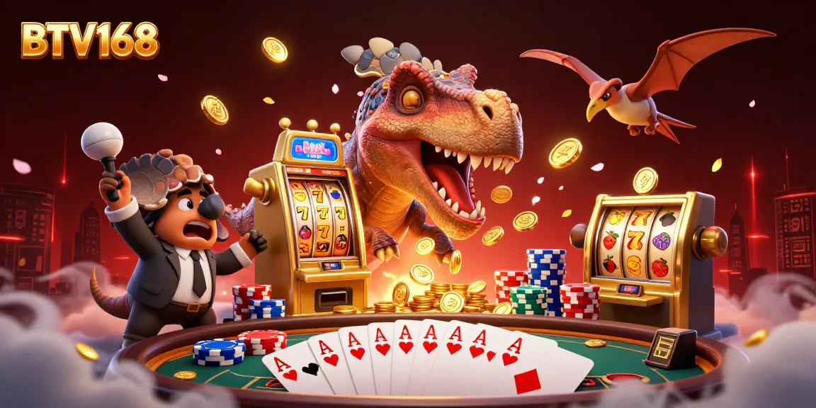 BTV168 triggers jackpots in a thrilling cartoon casino with vibrant characters and slot machine rewards.