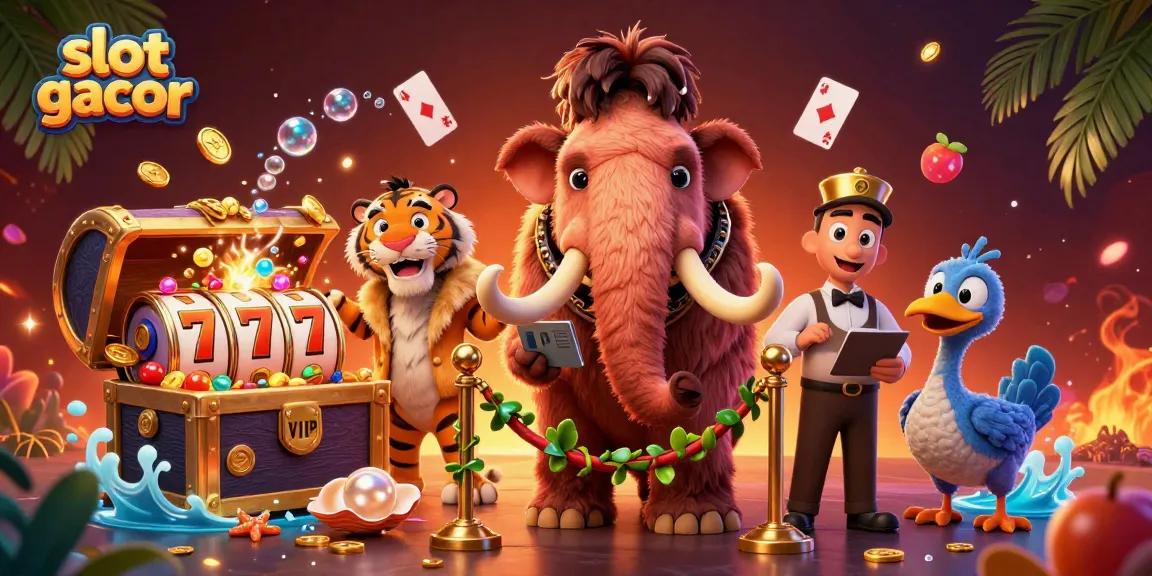 Gali keberuntungan bermain slot gacor dengan karakter kartun mammoth dan simbol permainan yang gemerlapan