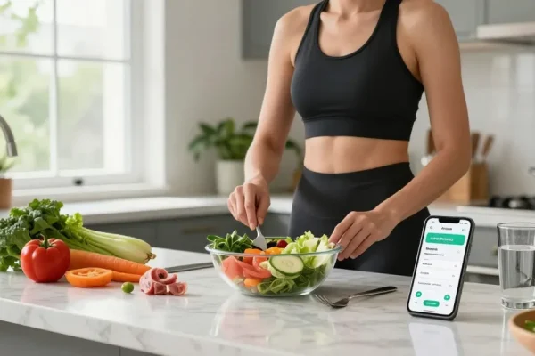 Healthy meal prep with the best calorie tracker app in a bright kitchen