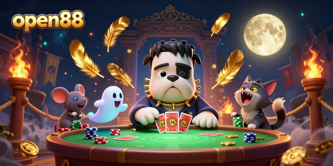 Open88 features a lively scene of a Frankenstein bulldog monster dealing cards at a casino table, showcasing an entertaining betting atmosphere.