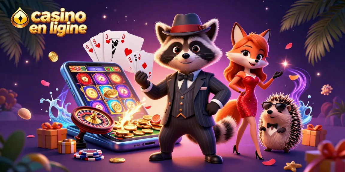Profitez de l'excitation des jeux de casino en ligne avec un raton laveur élégant, une belle renarde et un hérisson garde.