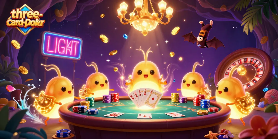 Experience exciting three-card-poker with vibrant glowworms illuminating a dynamic casino scene.