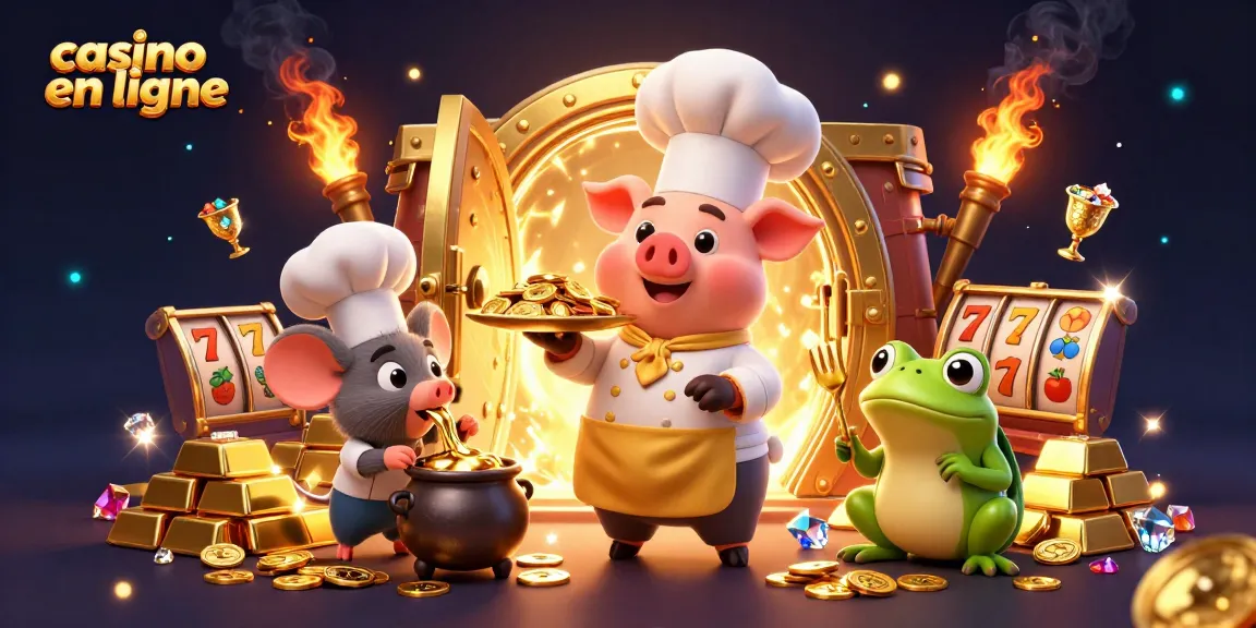 Illustration dynamique de casino en ligne avec un chef en cartoon servant des pièces d'or.
