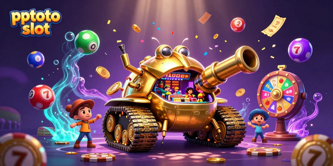 Pptoto slot unleashes winning excitement with a vibrant golden beetle tank casino, confetti, and jackpot thrills.