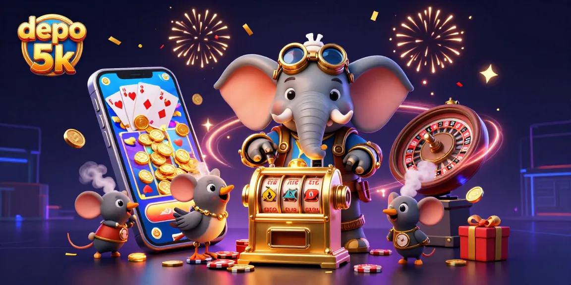 Spin to win with depo 5k on a colorful slot machine illustrated in vibrant 3D style.
