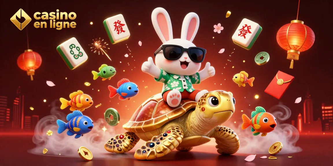 Illustration colorée d'un casino en ligne avec un lapin chanceux et une tortue dorée, animations festives autour.