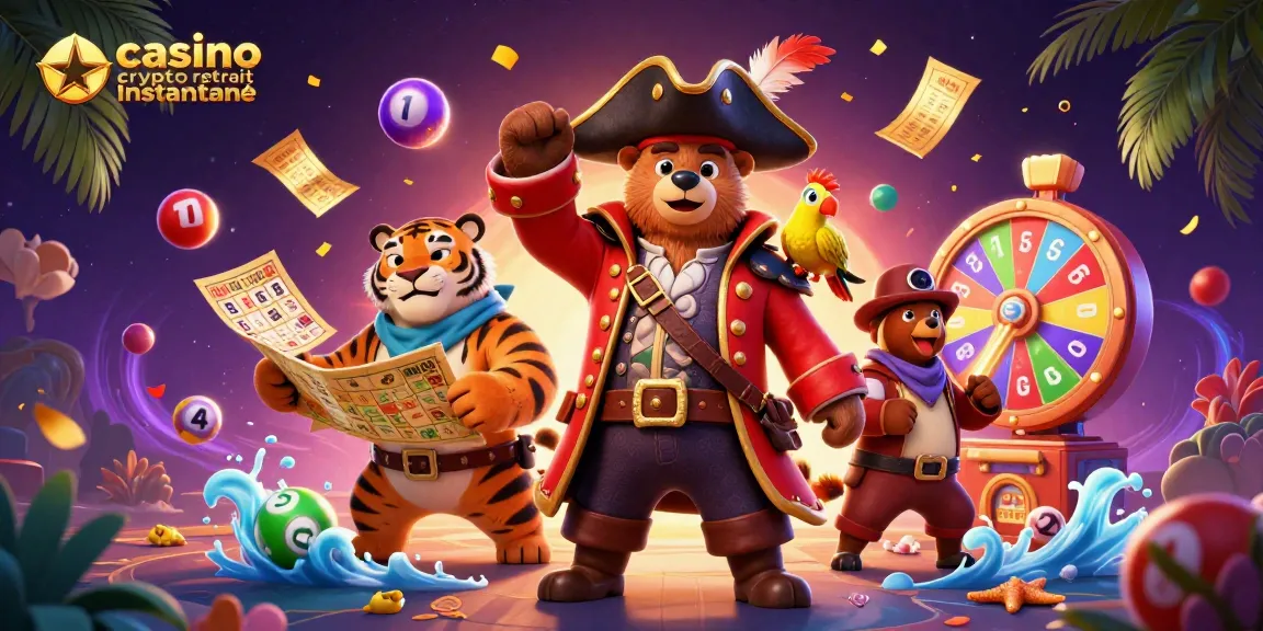 Gagnez avec un casino crypto retrait instantané : illustration dynamique de personnages de jeu et éléments colorés.
