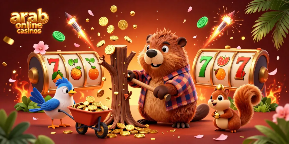 Engage with arab online casinos featuring a cartoon beaver and friends celebrating winnings amidst coins and slots.