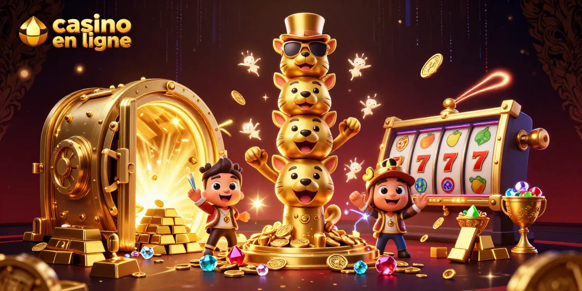 Plongez dans l'univers du casino en ligne avec ce totem 3D vibrant entouré de trésors étincelants.