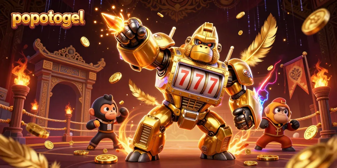 Experience the thrill of popotogel with an explosive 3D illustration of a golden gorilla mech.