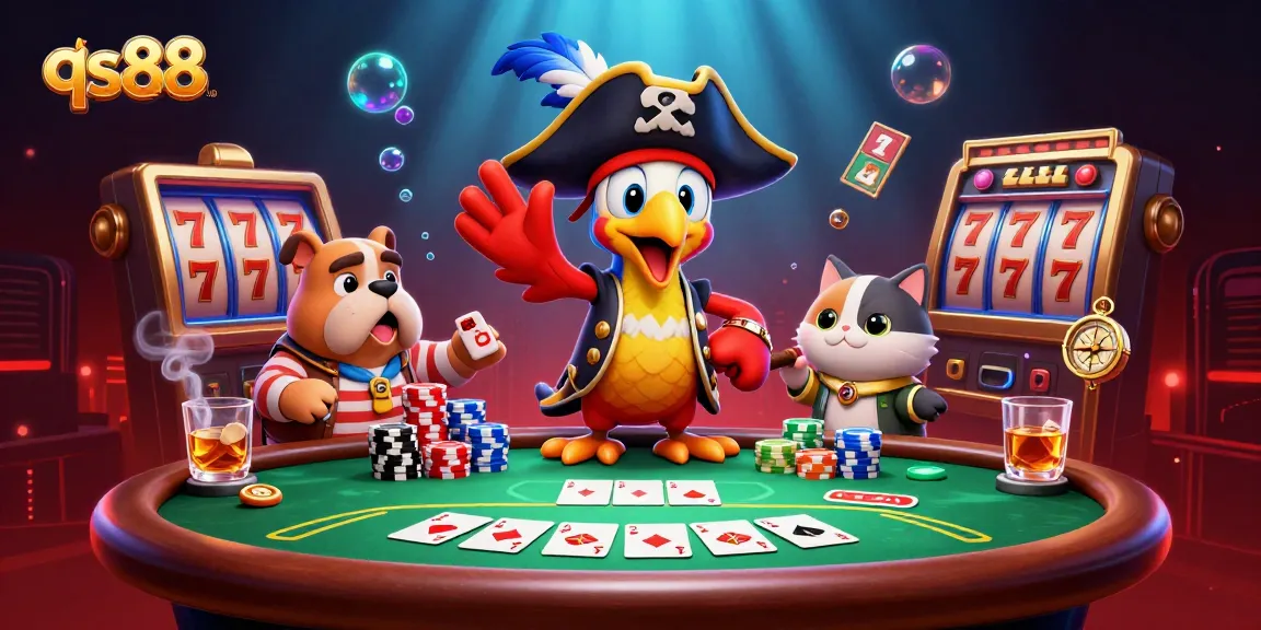 qs88 players gather around a vibrant poker table, surrounded by colorful casino elements.