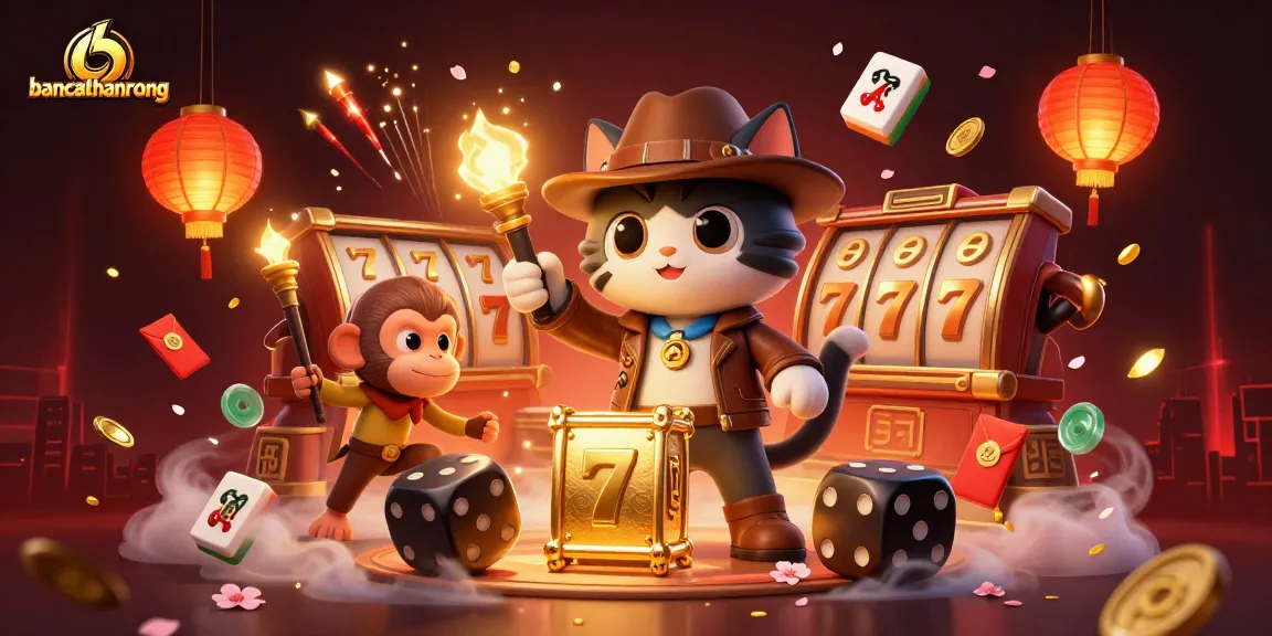 Bancathanrong's interactive scene showcasing a cartoon explorer cat discovering a golden casino artifact, rich with visual details.