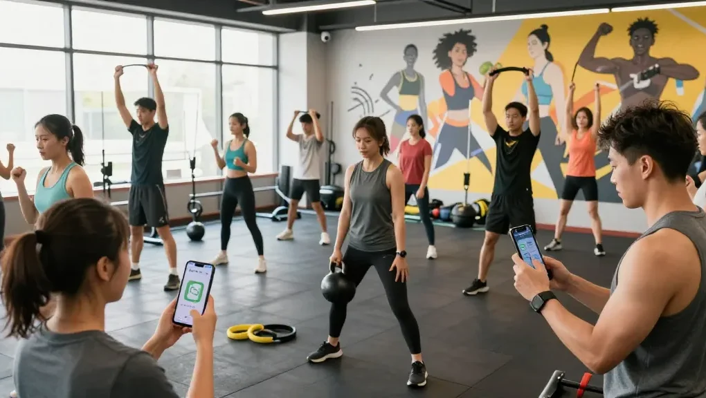 Group exercising in a vibrant gym while using the best macro tracker apps for fitness and nutrition goals
