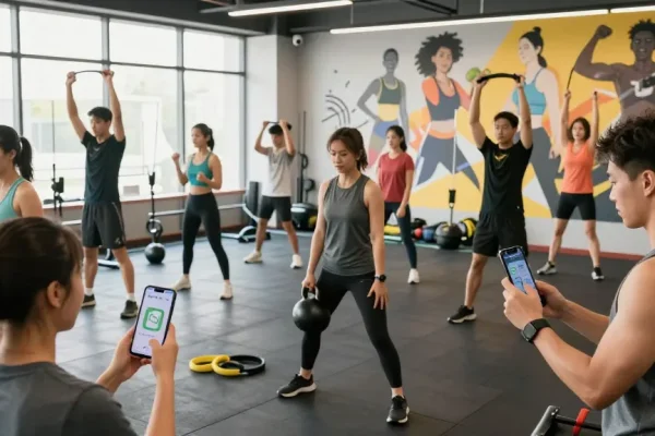 Group exercising in a vibrant gym while using the best macro tracker apps for fitness and nutrition goals