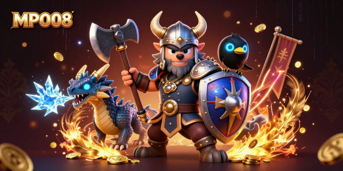 MPO08 presents a vibrant 3D illustration showcasing a heroic Viking wolf warrior and a fierce dragon, surrounded by casino elements.