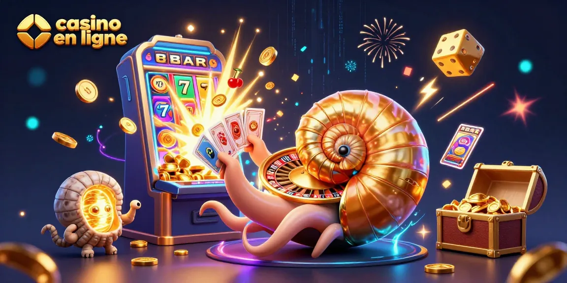 Vivez l'excitation du casino en ligne avec un nautilus géant transformé en roulette, entouré de machines à sous et de pièces d'or.