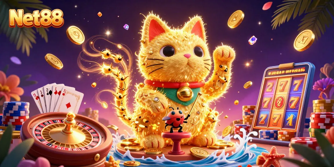 Experience the thrill of Net88 with a vibrant 3D illustration featuring a lucky cat and casino symbols.