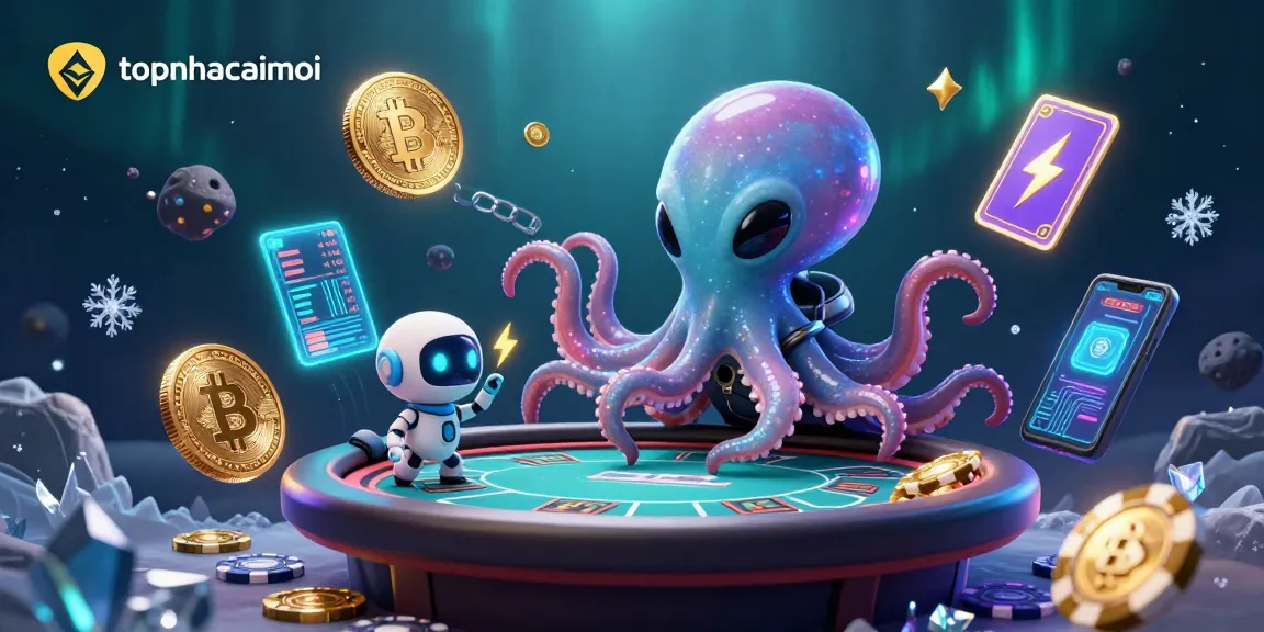 Engage in thrilling gameplay with topnhacaimoi featuring an alien octopus at a holographic poker table, highlighting crypto elements.