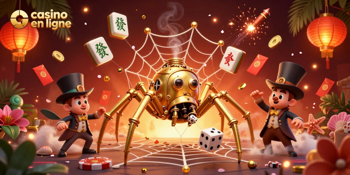 Jouez à casino en ligne avec une illustration d'une araignée d'or steampunk tissant une toile de jetons et dés.
