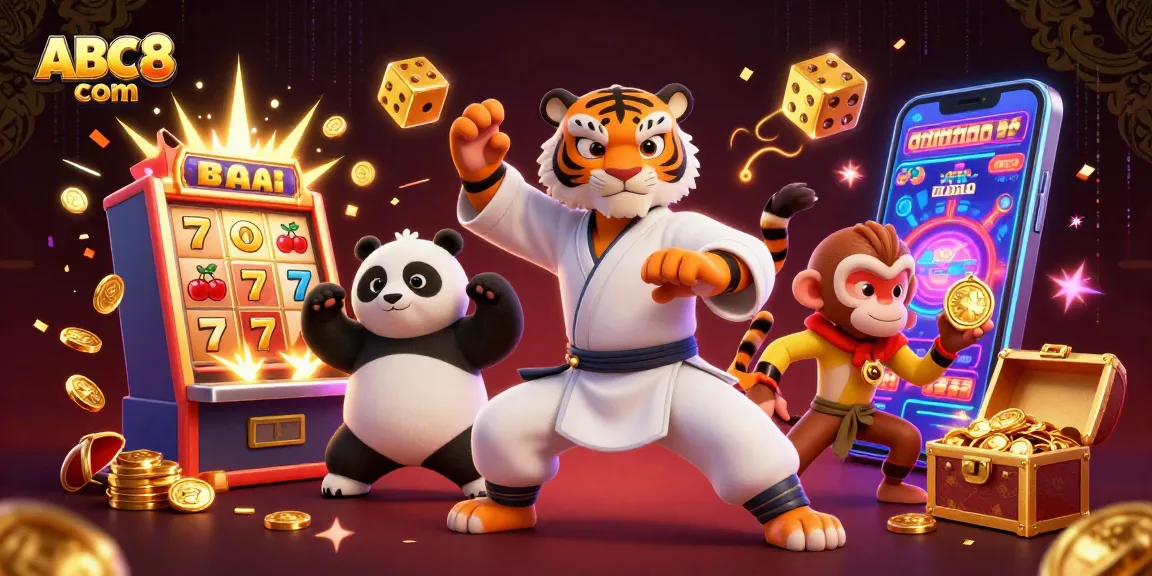 Engage with ABC8 com's vibrant casino experience featuring characters in dynamic poses amidst bursting jackpots and colorful game elements.