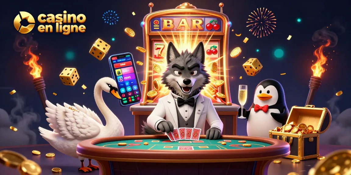 Vivez l'excitation d'un casino en ligne avec un loup élégant et un croupier cygne illustrant la chance.