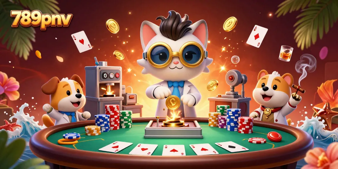 Experience the excitement of gambling with 789pnv, showcasing colorful poker chips and a fun cartoon scene.