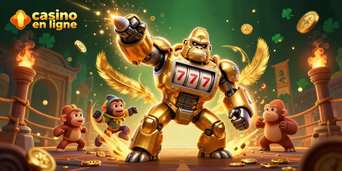 Illustration dynamique pour un casino en ligne avec un gorille mécha doré et des éléments de jeu passionnants.