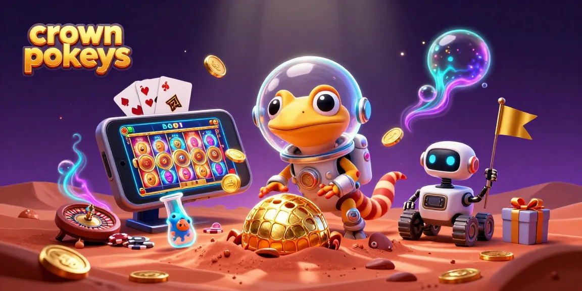 Experience the thrill of crown pokies in a vibrant 3D scene with a Martian gecko, slot games, and golden winnings!
