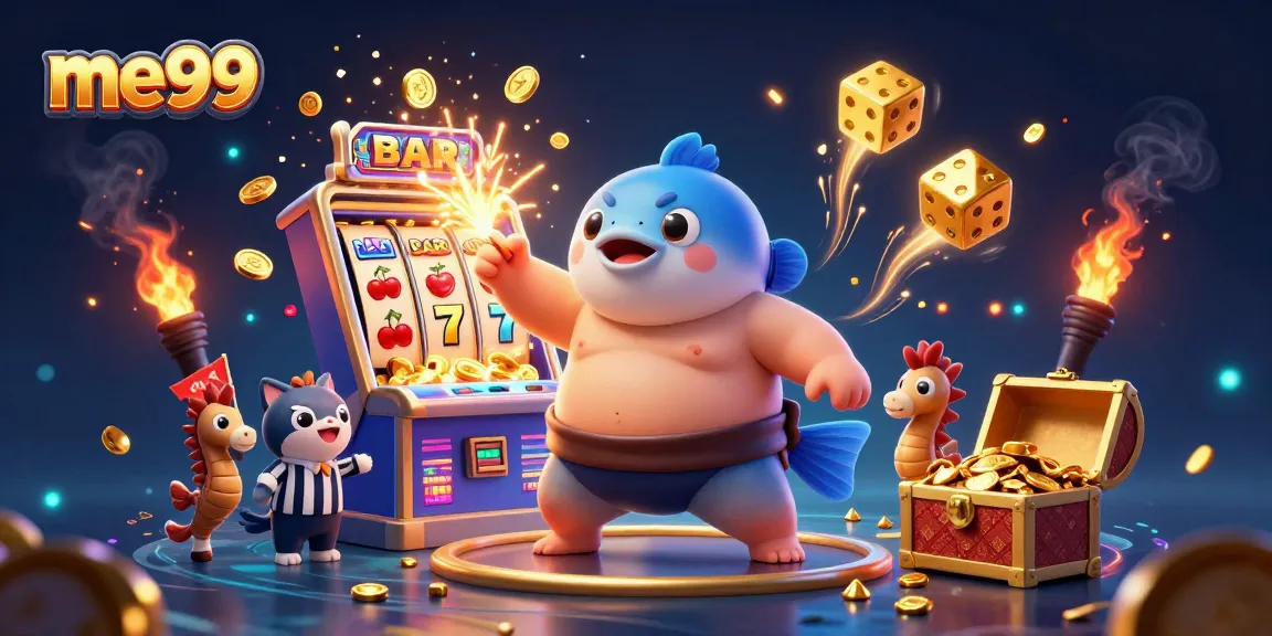 Experience exciting me99 gameplay with a fugu casino scene featuring slots and live games.