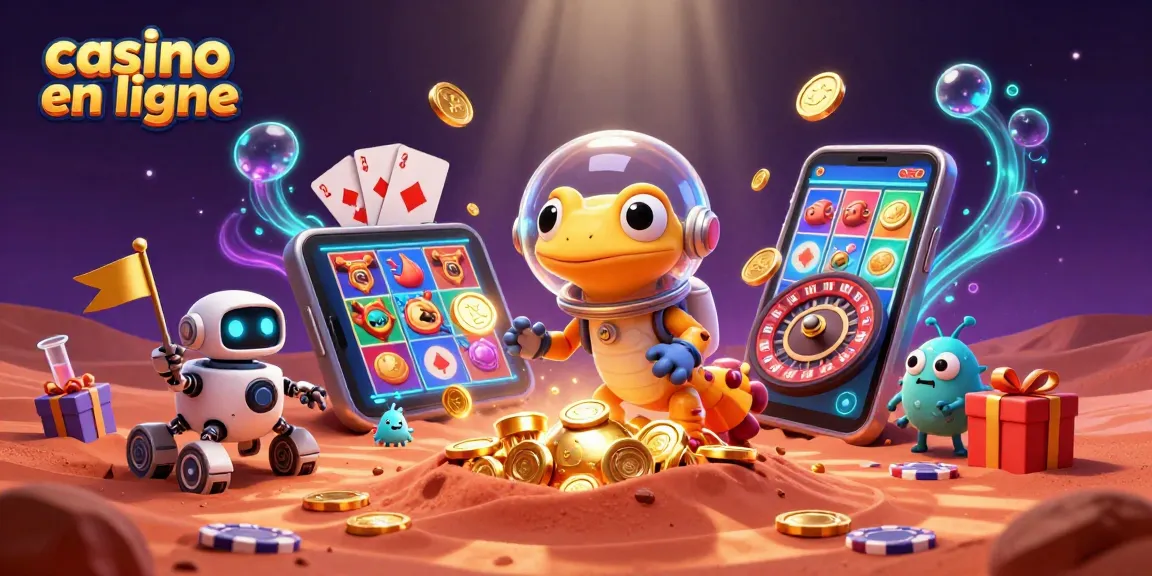Jouez à casino en ligne avec un gecko extraterrestre découvrant un casino doré sur Mars.