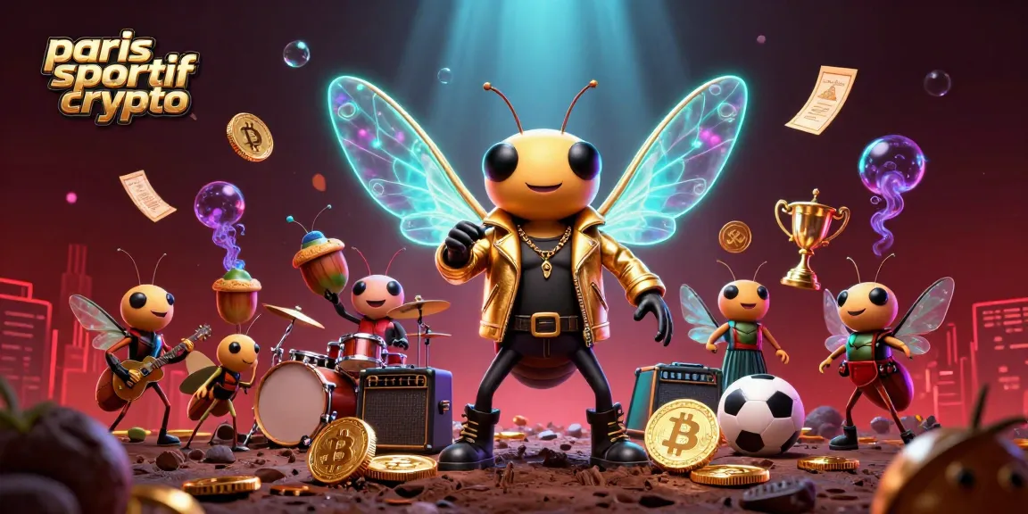 Pariez sur des paris sportifs crypto avec des personnages animés autour d'éléments de paris, comme des trophées et des ballons de sport.