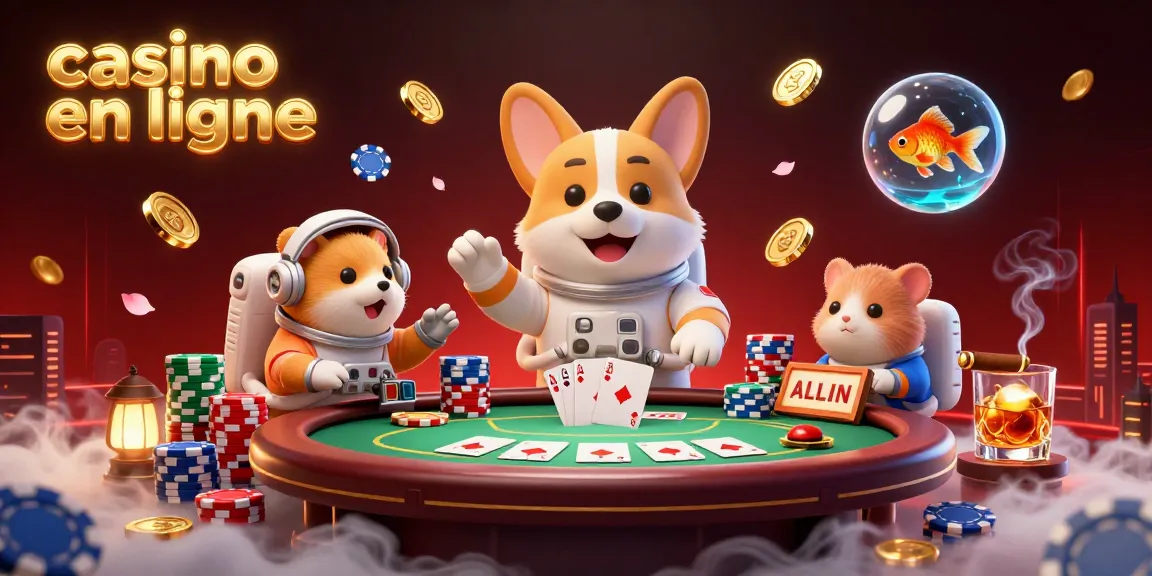 Le casino en ligne anime le corgi astronaute, une ambiance festive avec des jetons et des cartes flottant.