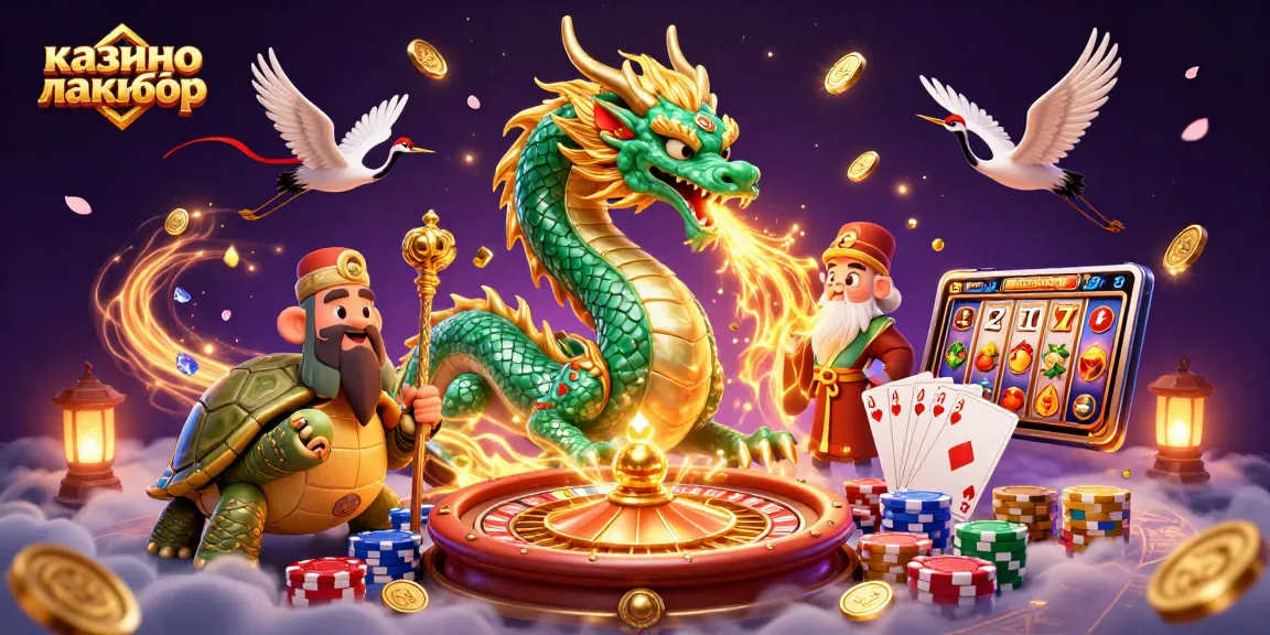 Experience excitement at казино лакибир with a vibrant 3D digital illustration depicting a dragon, crane, and stunning casino elements.