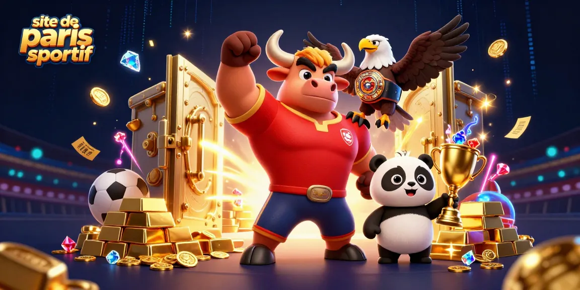 Vaincre sur un site de paris sportif avec un taureau, un aigle et un panda entourés de trésors et d'éléments sportifs.