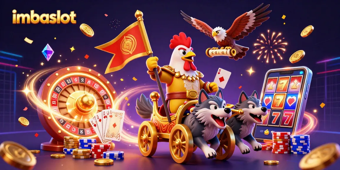 Experience thrilling gameplay with imbaslot featuring a rooster warlord, gold coins, and vibrant slot elements.